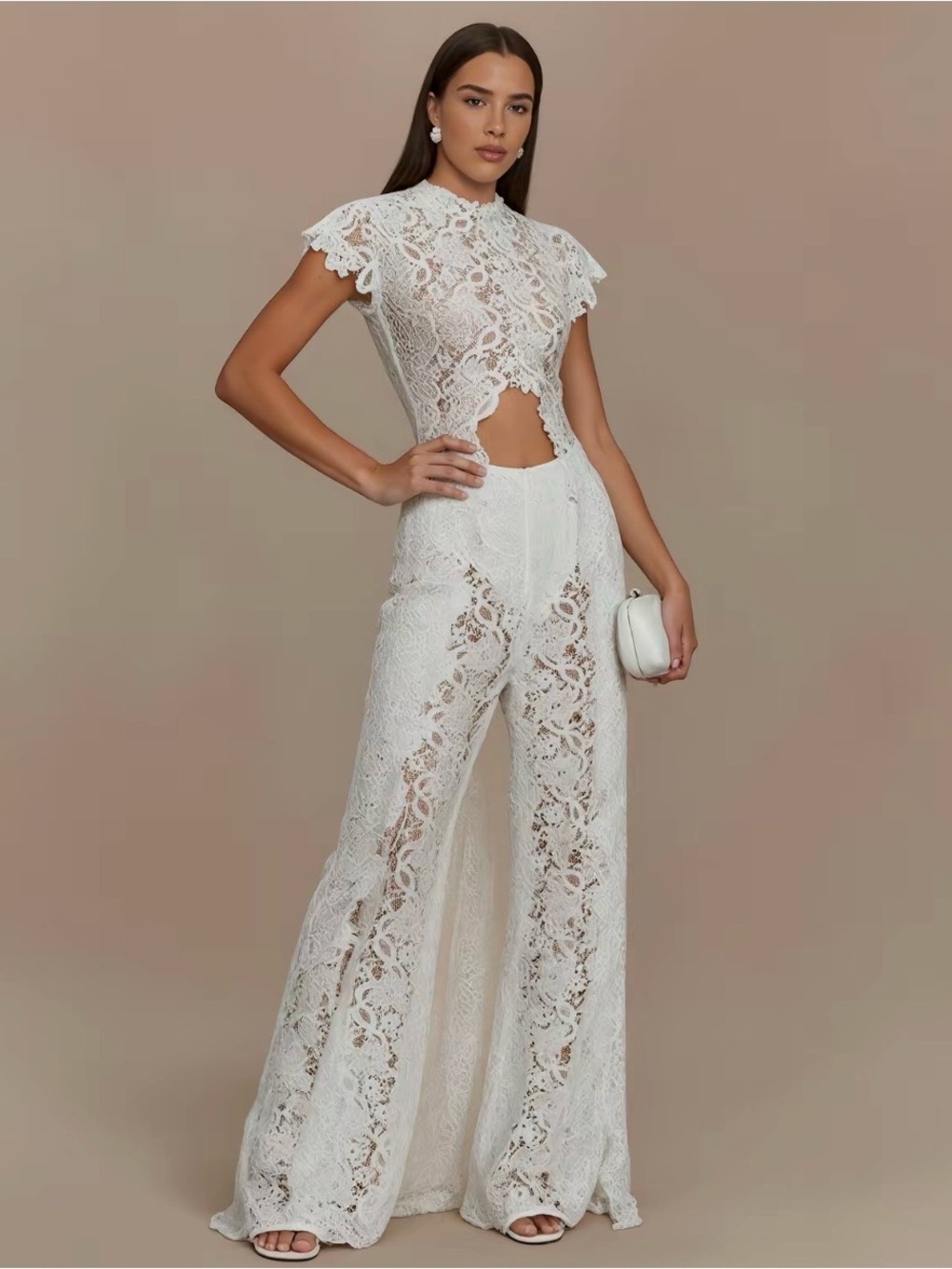 White Lace Cutout Top and Pants - 2 piece set